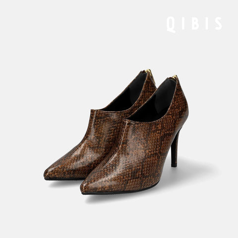 50%OFF:QIBIS:9cmヒール ポインテッドトゥ ブーティ(QM1023)パイソン柄/QIBIS(マミアン)