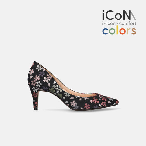15%OFF：2025SS：iCoN COLORS：ポインテッドトゥ 和柄 パンプス（C76536）ブラック桜/mamian（マミアン）