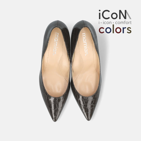 20%OFF：2024AW：iCoN COLORS：ポインテッドトゥ クロコ型押し パンプス（C76534）チャコールCR/mamian（マミアン）